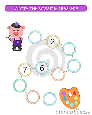 Educational game for children. Write missing numbers. Worksheet activity. Vector Illustration