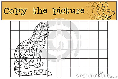 Educational game: Copy the picture. Cute spotted jaguar smiles. Vector Illustration