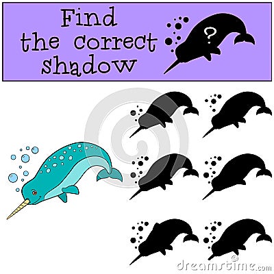 Educational game: Find the correct shadow. Little cute narwhale Vector Illustration