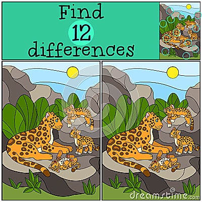 Educational game: Find differences. Mother jaguar with her cubs. Vector Illustration