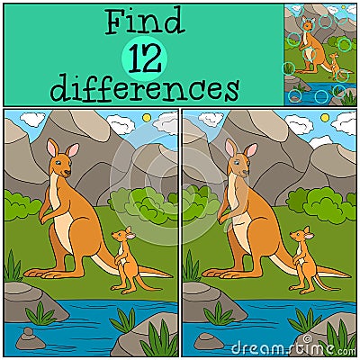 Educational game: Find differences. Mother kangaroo with her baby. Vector Illustration