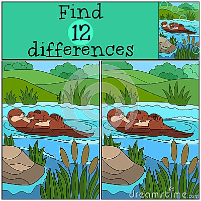 Educational game: Find differences. Mother otter with her baby Vector Illustration