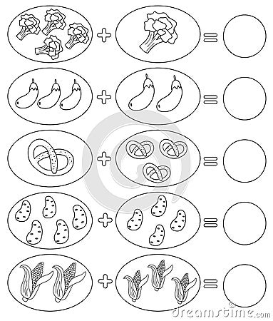 Educational game for kids. Coloring page. Solve math examples for addition. Fold food. Vector Illustration