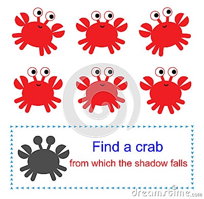 Educational game for kids. Find a crab from which the shadow falls Vector Illustration