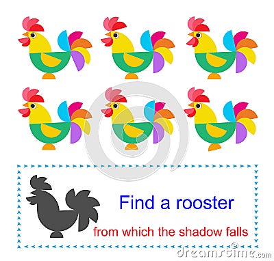 Educational game for kids. Find a rooster from which the shadow falls Vector Illustration