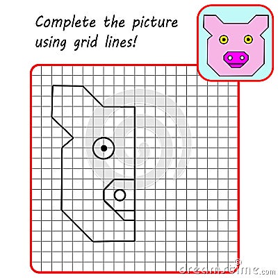 Educational game for kids. Simple exercise Pig. Drawing using grid. Symmetrical drawing. Vector Illustration