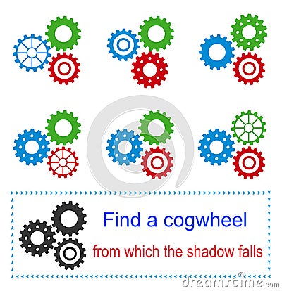 Educational game for kids. Task for attentiveness. Find a cogwheel from which the shadow falls. Vector Illustration