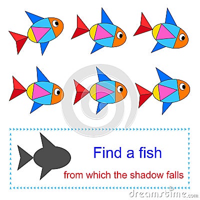 Educational game for kids. Find a fish from which the shadow falls. Vector Illustration