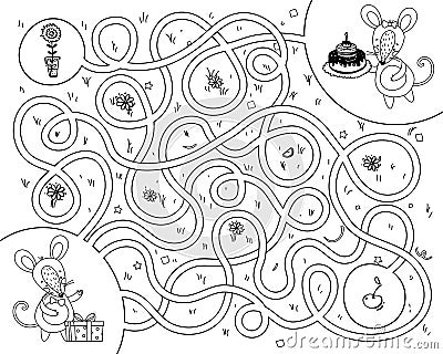 Educational game labyrinth. Help the mouse find a way to visit. Coloring book for children. Rat in the maze. Black white Vector Illustration