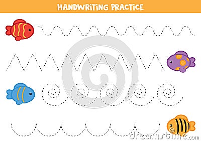 Educational game for preschool kids. Handwriting practice with cute colorful fish Vector Illustration