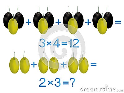Educational games for children, multiplication action, example with olives. Vector Illustration