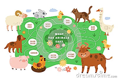 Educational kids animals game. Different farm mammals sound search pathway. Cartoon design of nursery puzzle. Baby Vector Illustration