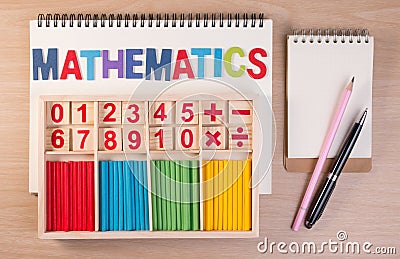 Educational kids math toy wooden board stick game counting set in kids math class kindergarten. Stock Photo