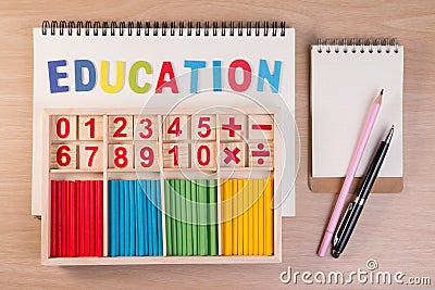 Educational kids math toy wooden board stick game counting set in kids math class kindergarten. Stock Photo