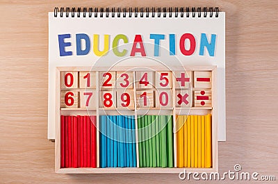 Educational kids math toy wooden board stick game counting set in kids math class kindergarten. Stock Photo