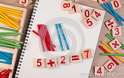 Educational kids math toy wooden board stick game counting set in kids math class kindergarten. Stock Photo