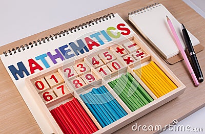 Educational kids math toy wooden board stick game counting set in kids math class kindergarten. Stock Photo