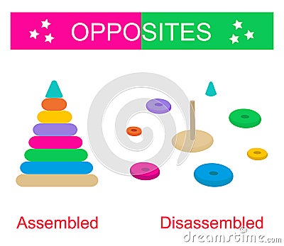 Educational material for kids. Opposites words: assembled and disassembled. Vector Illustration