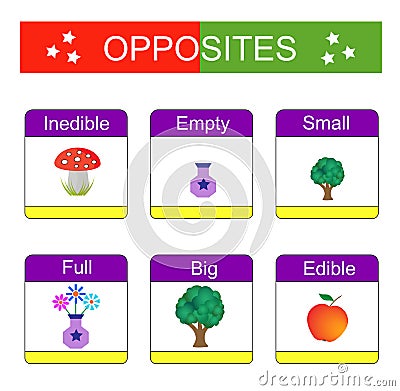 Educational material for kids opposites words. Learning cards. Vector Illustration