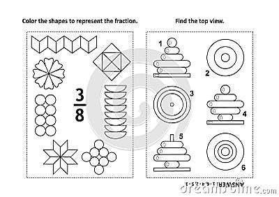 Educational math activity page with two puzzles and coloring - fractions, spatial skills Vector Illustration