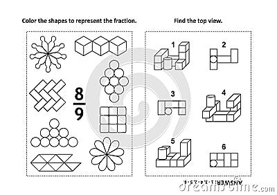 Educational math activity page with two puzzles and coloring - fractions, spatial skills Vector Illustration