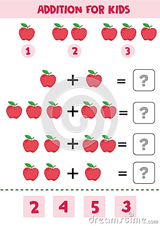 Educational math children game. Addition with apples for kids Vector Illustration