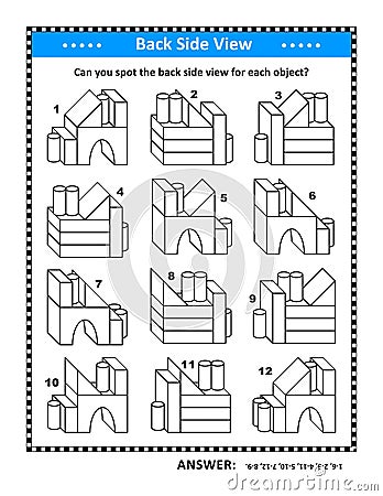 Educational math puzzle with building blocks objects. Black and white printable. Can you spot the back side view for each object? Vector Illustration