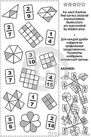 Educational math puzzle for learning and teaching fractions: Match each fraction to its visual representation. Answer included. Bl Stock Photo