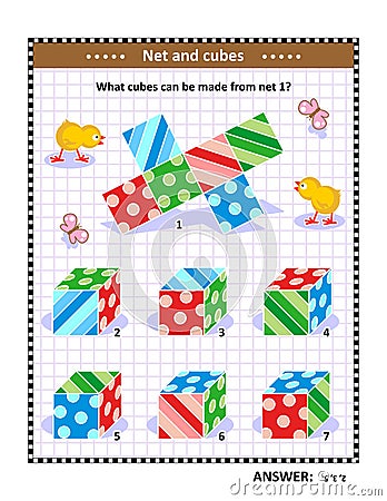 Math puzzle suitable both for kids and adults with net and cubes. Answer included. Vector Illustration