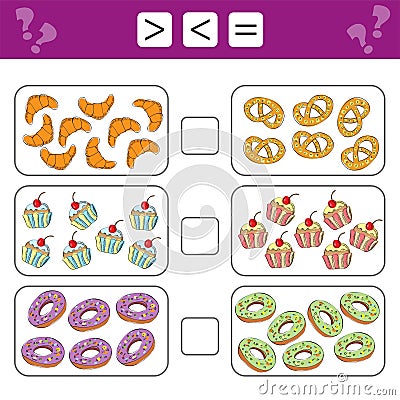 Educational mathematical game for kids. Learning counting - more, less or equal Vector Illustration