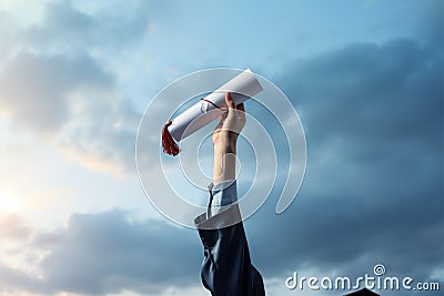 Educational milestone Hand proudly grasping a diploma in the sky Stock Photo