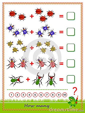 Educational page for children on addition. Exercise book. Solve examples, count the quantity of bugs and write the numbers. Vector Illustration