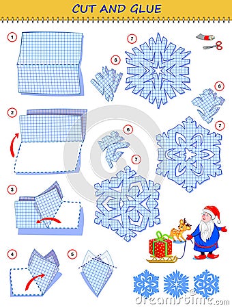 Educational page for children. Template with exercise for kids. Use a scissors to cut from sheet of paper beautiful snowflakes. Vector Illustration