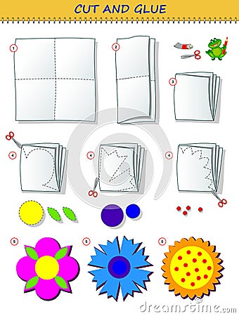 Educational page for children. Template with exercise for kids. Use a scissors to cut from sheet of paper beautiful spring flowers Vector Illustration