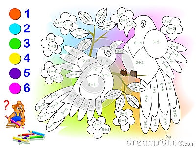 Educational page with exercises for children on addition and subtraction. Solve examples and paint the birds in relevant colors. Vector Illustration