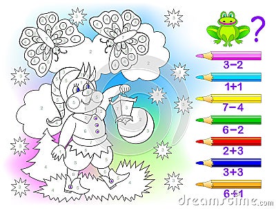 Educational page with exercises for children on addition and subtraction. Solve examples and paint the gnome in relevant colors. Vector Illustration