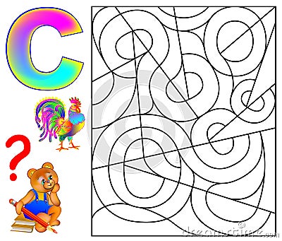 Educational page with letter C for study English. Logic puzzle. Find and paint 5 letters C. Vector Illustration