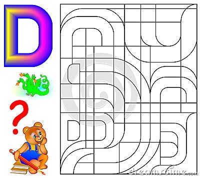 Educational page with letter D for study English. Logic puzzle. Find and paint 5 letters D. Vector Illustration