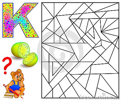 Educational page with letter K for study English. Logic puzzle. Find and paint 5 letters K. Vector Illustration