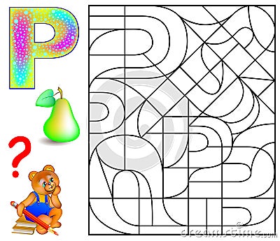 Educational page with letter P for study English letters. Logic puzzle. Find and paint 5 letters P. Vector Illustration