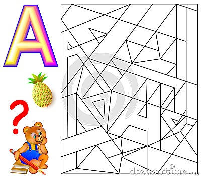 Educational page with letter A for study English. Logic puzzle. Find and paint 5 letters A. Vector Illustration
