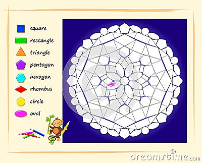 Educational page for little children. Color beautiful mandala. Learn geometric shapes. Printable template with exercise for kids. Vector Illustration