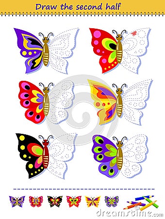 Educational page for little children. Logic puzzle game. Draw the second half of butterflies by example. Coloring book. Printable Vector Illustration