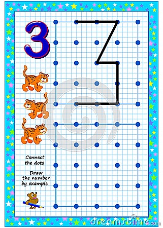 Educational page for little children on square paper. Connect the dots. Draw the number by example. Developing writing skills. Vector Illustration