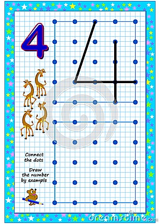 Educational page for little children on square paper. Connect the dots. Draw the number by example. Developing writing skills. Vector Illustration