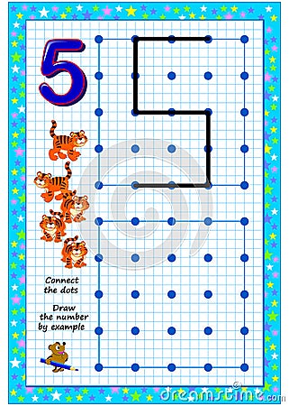 Educational page for little children on square paper. Connect the dots. Draw the number by example. Developing writing skills. Vector Illustration