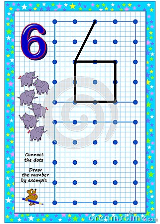 Educational page for little children on square paper. Connect the dots. Draw the number by example. Developing writing skills. Vector Illustration