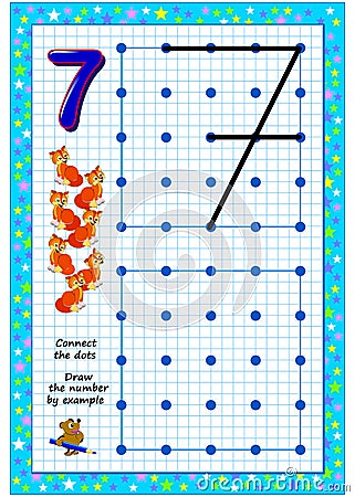 Educational page for little children on square paper. Connect the dots. Draw the number by example. Developing writing skills. Vector Illustration