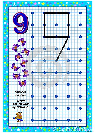 Educational page for little children on square paper. Connect the dots. Draw the number by example. Developing writing skills. Vector Illustration