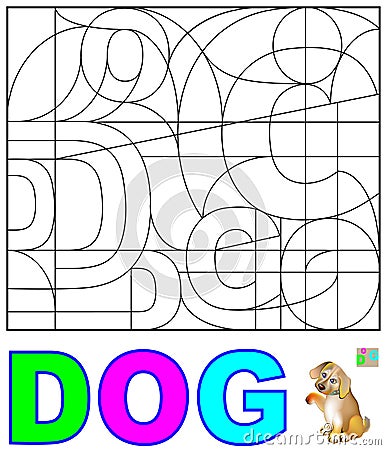 Educational page for study English. Need to find hidden word and paint the letters in relevant colors. Logic puzzle. Vector Illustration